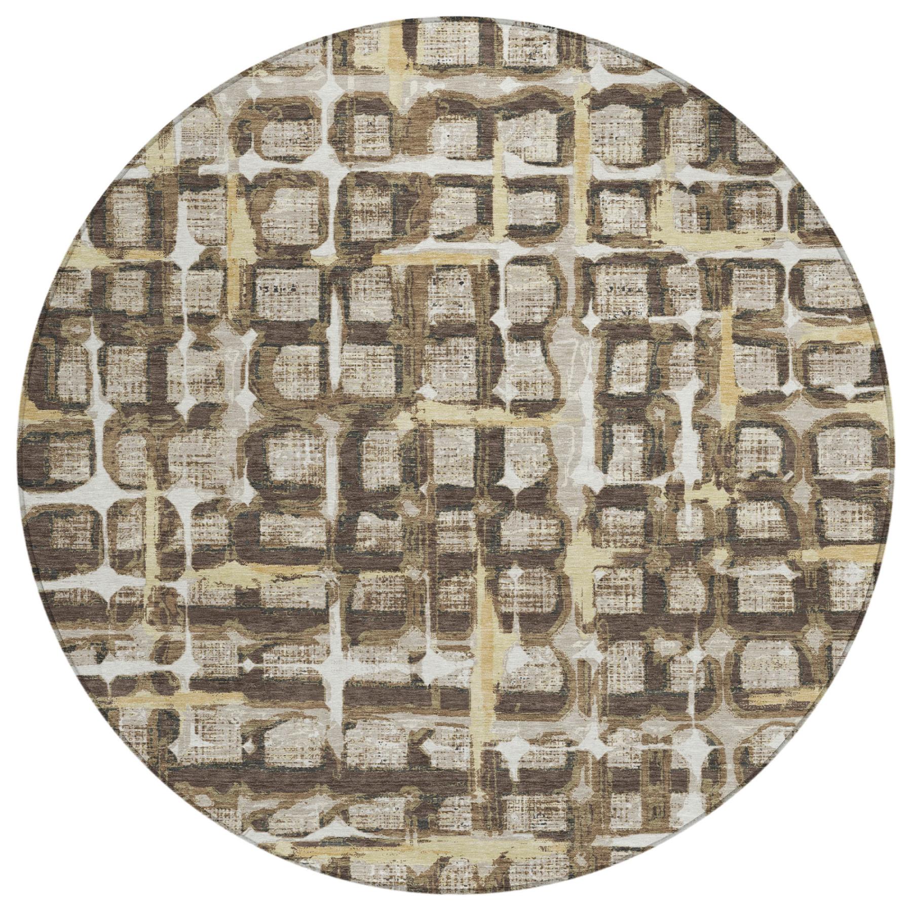8' Beige And Brown Round Geometric Washable Indoor Outdoor Area Rug Homeroots Outdoor