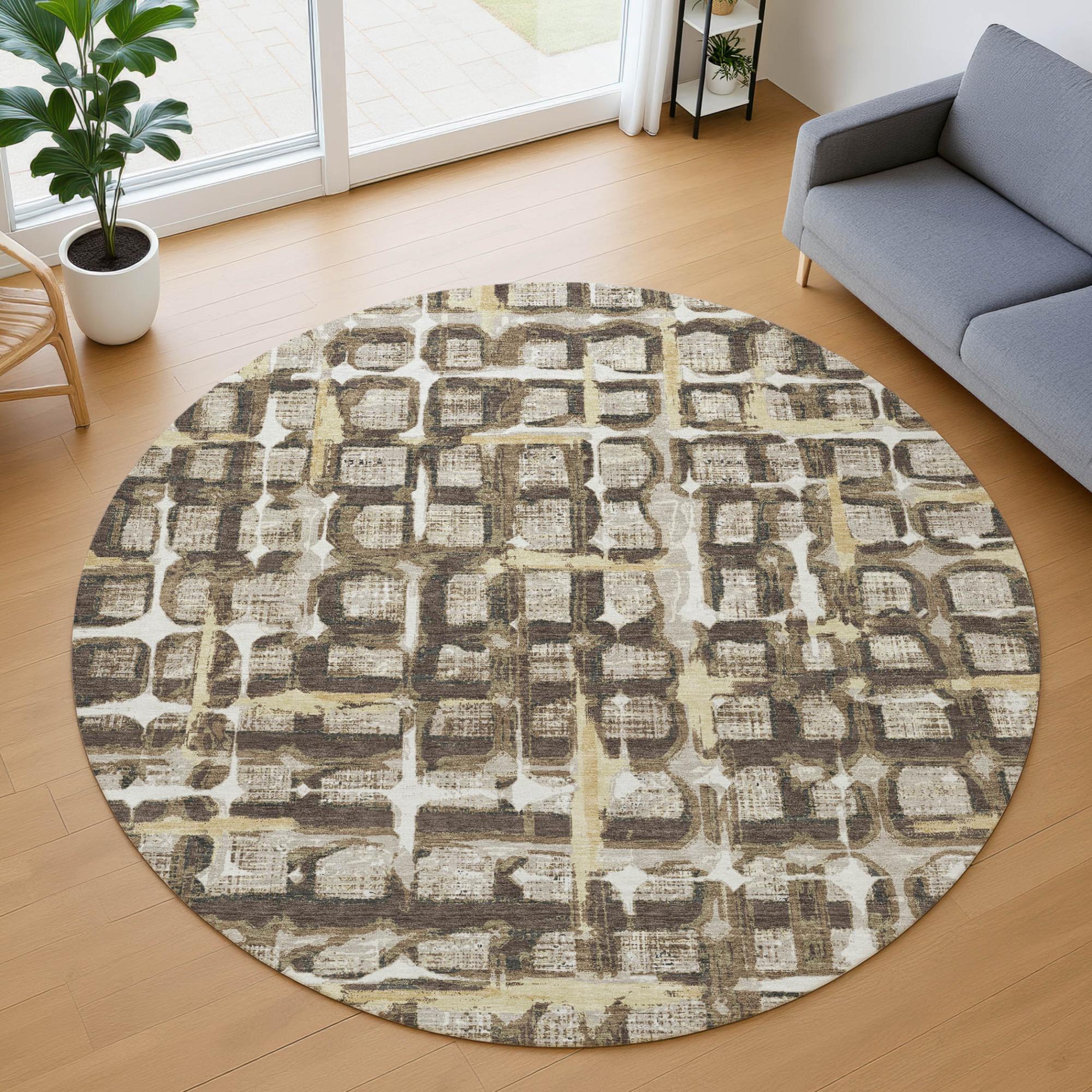 8' Beige And Brown Round Geometric Washable Indoor Outdoor Area Rug Homeroots Outdoor