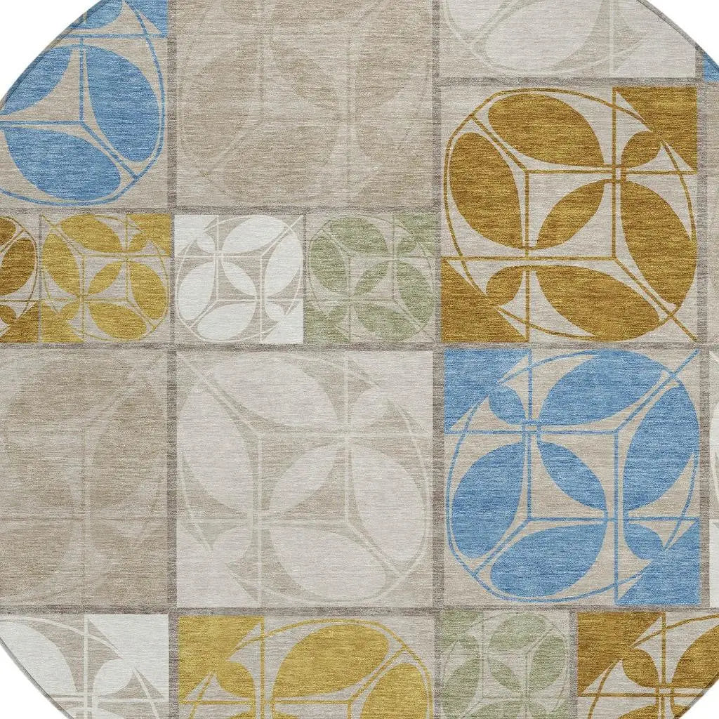 8' Beige And Brown Round Geometric Washable Indoor Outdoor Area Rug Homeroots Outdoor