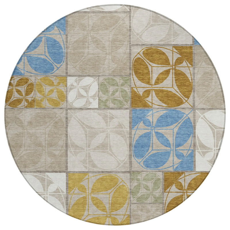 8' Beige And Brown Round Geometric Washable Indoor Outdoor Area Rug Homeroots Outdoor