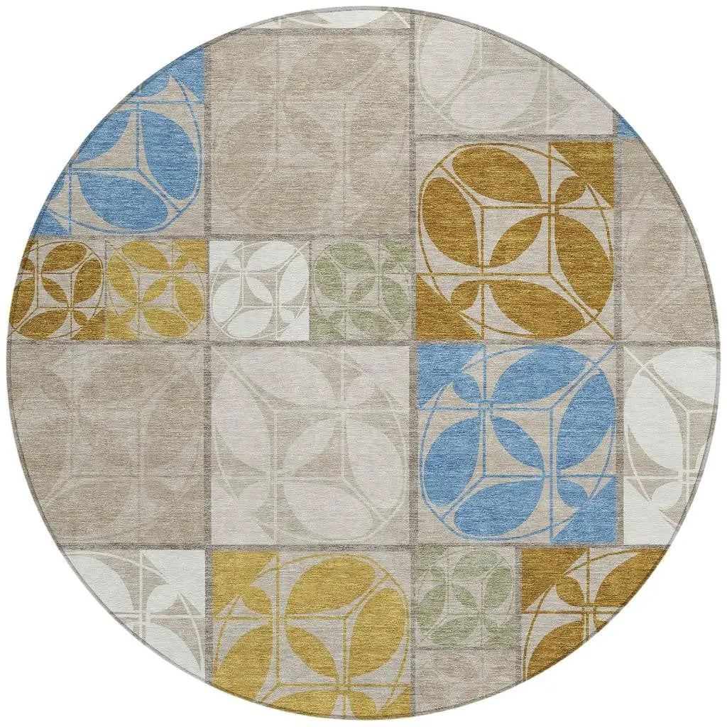 8' Beige And Brown Round Geometric Washable Indoor Outdoor Area Rug Homeroots Outdoor