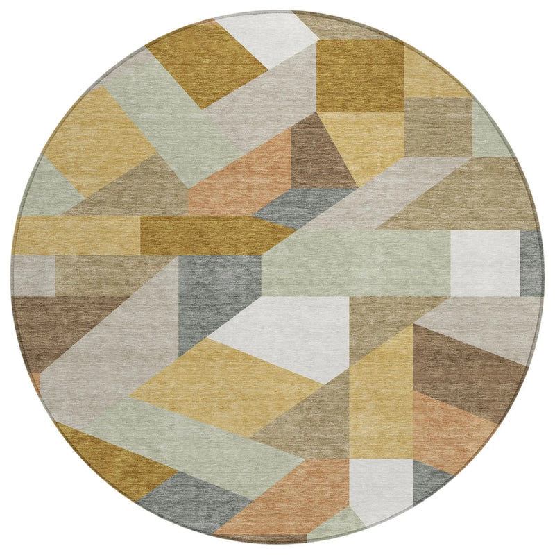 8' Beige And Brown Round Geometric Washable Indoor Outdoor Area Rug Homeroots Outdoor