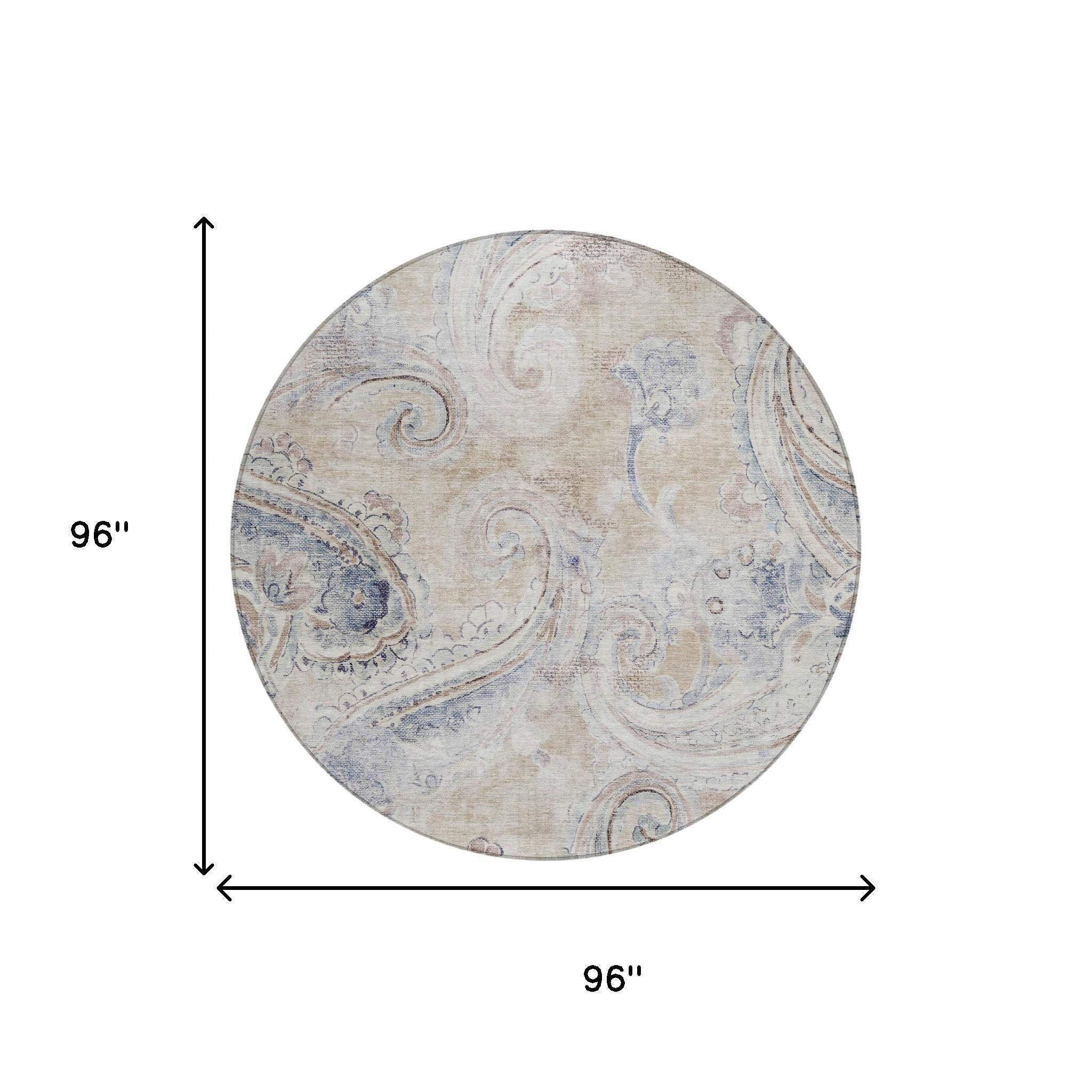 8' Beige And Brown Round Paisley Washable Indoor Outdoor Area Rug Homeroots Outdoor