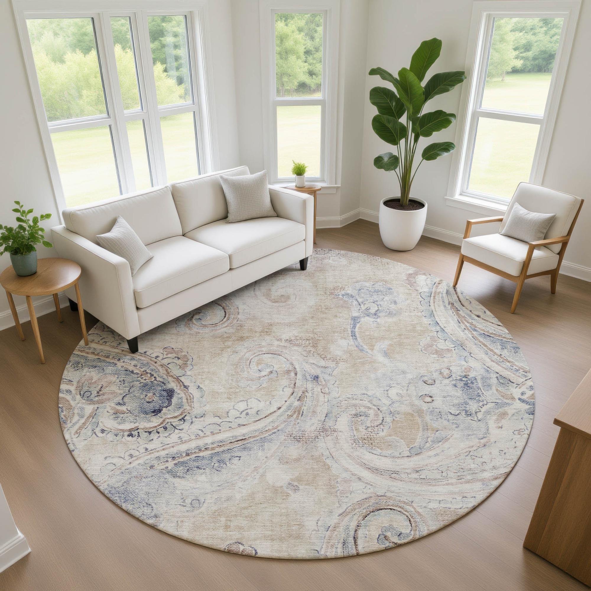 8' Beige And Brown Round Paisley Washable Indoor Outdoor Area Rug Homeroots Outdoor