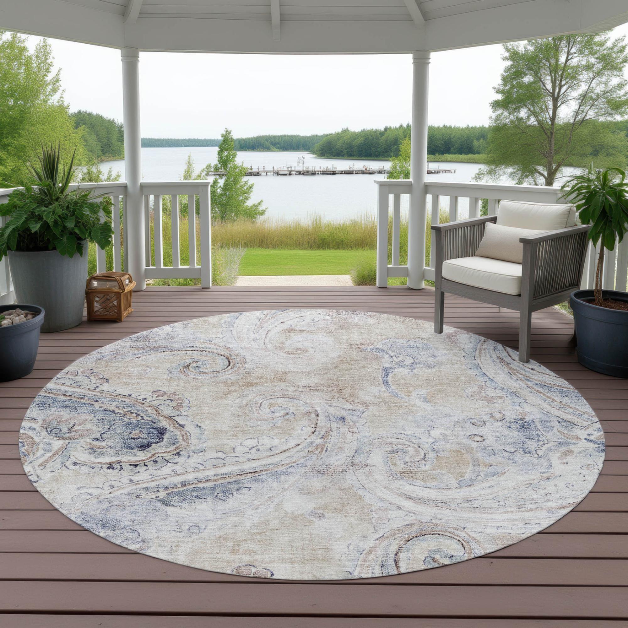 8' Beige And Brown Round Paisley Washable Indoor Outdoor Area Rug Homeroots Outdoor
