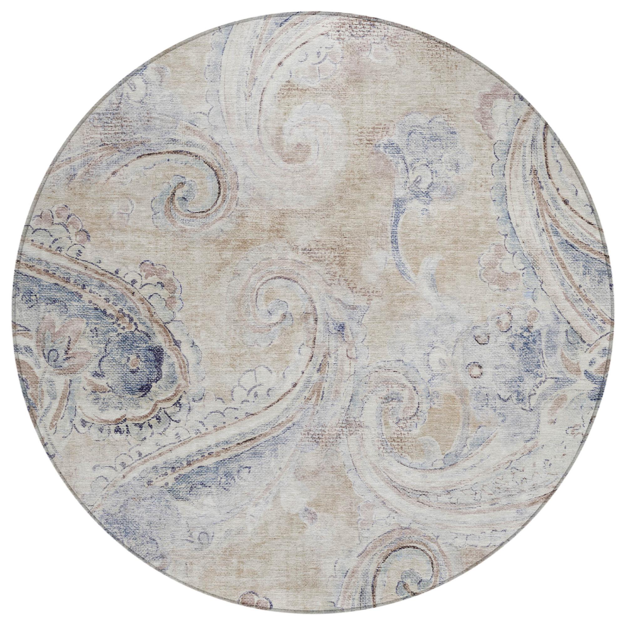 8' Beige And Brown Round Paisley Washable Indoor Outdoor Area Rug Homeroots Outdoor