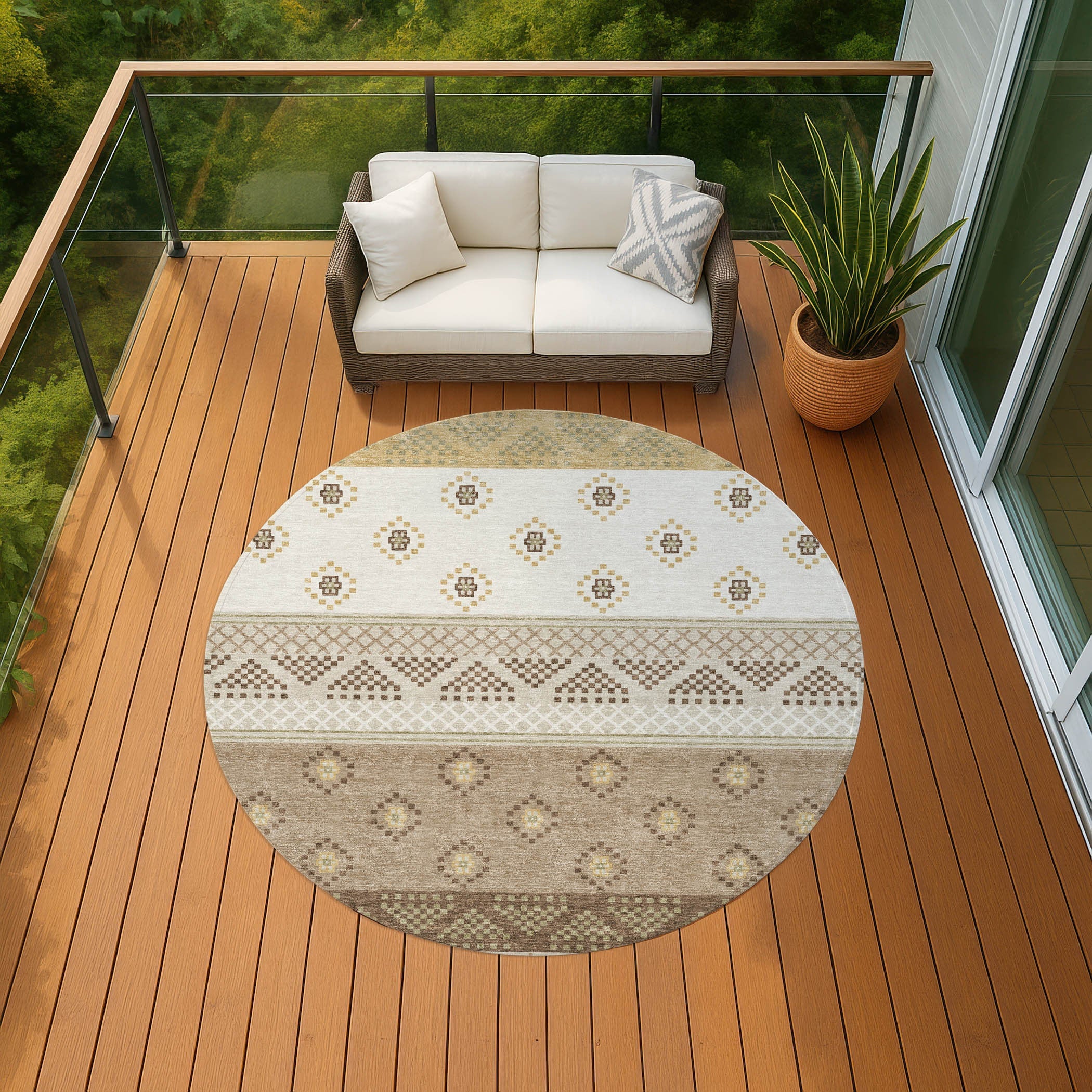 8' Beige And Brown Round Striped Washable Indoor Outdoor Area Rug Homeroots Outdoor