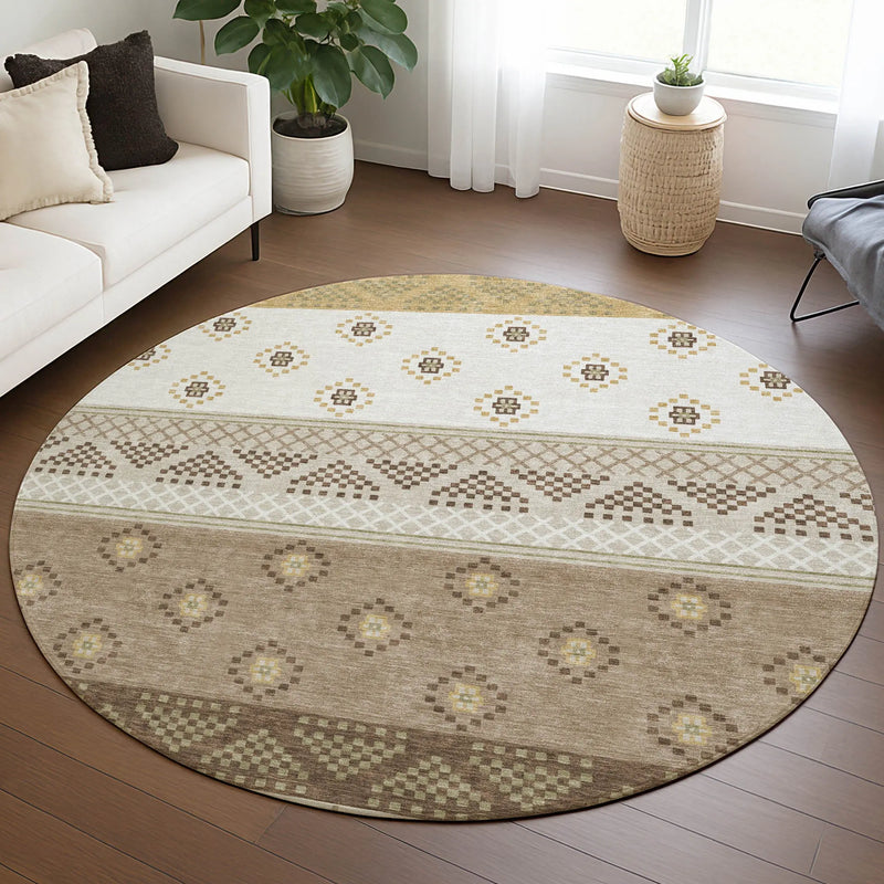 8' Beige And Brown Round Striped Washable Indoor Outdoor Area Rug Homeroots Outdoor