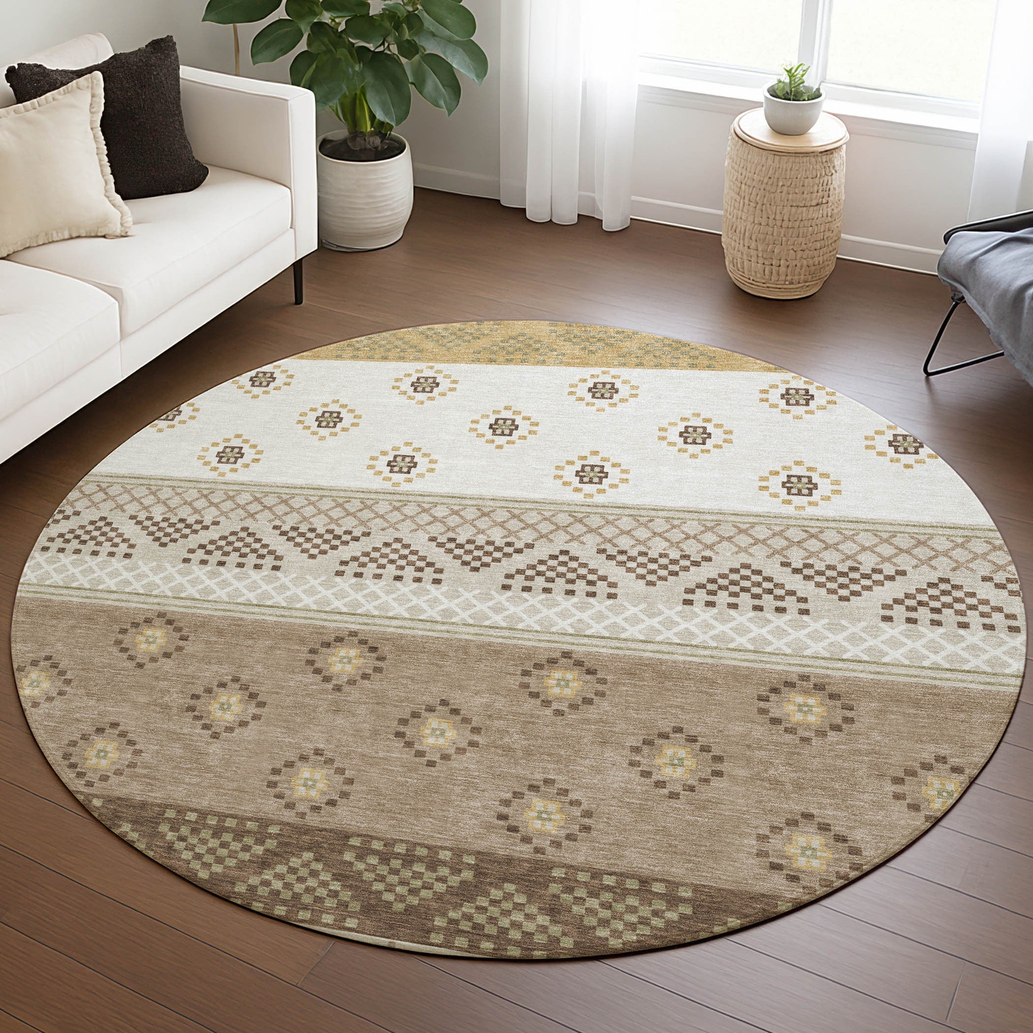 8' Beige And Brown Round Striped Washable Indoor Outdoor Area Rug Homeroots Outdoor