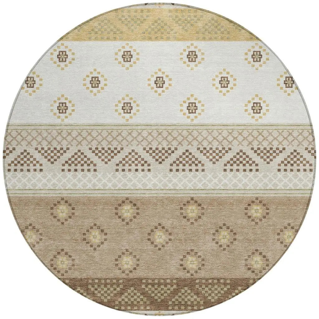 8' Beige And Brown Round Striped Washable Indoor Outdoor Area Rug Homeroots Outdoor