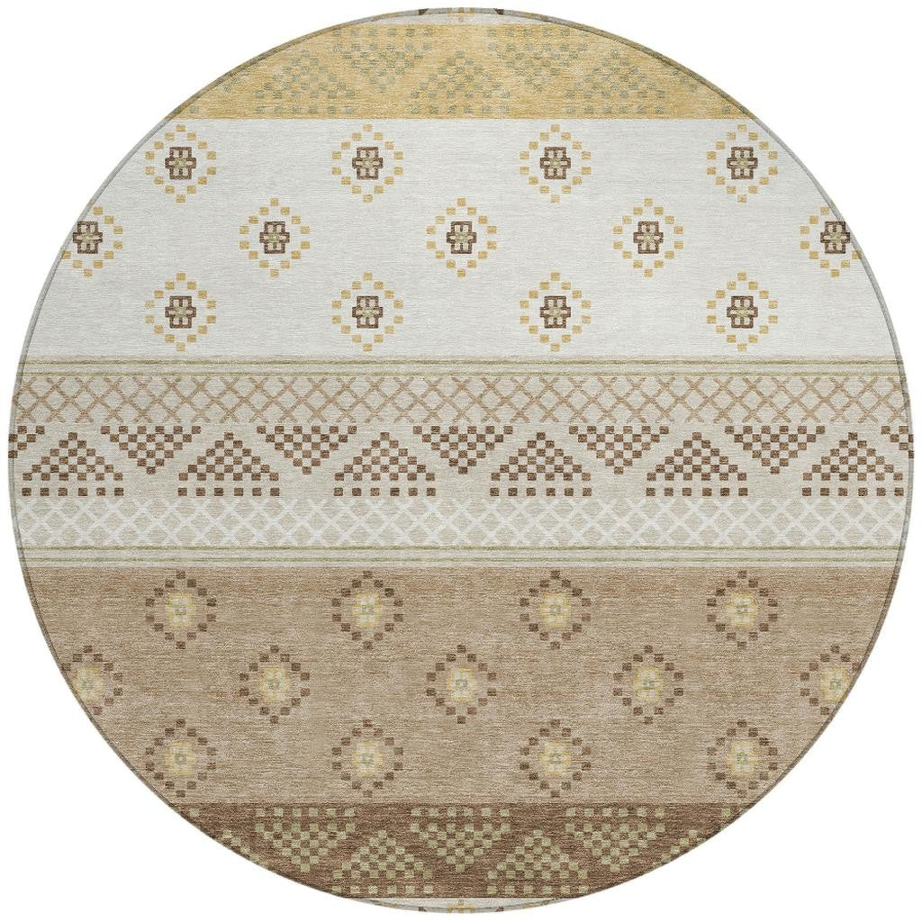 8' Beige And Brown Round Striped Washable Indoor Outdoor Area Rug Homeroots Outdoor
