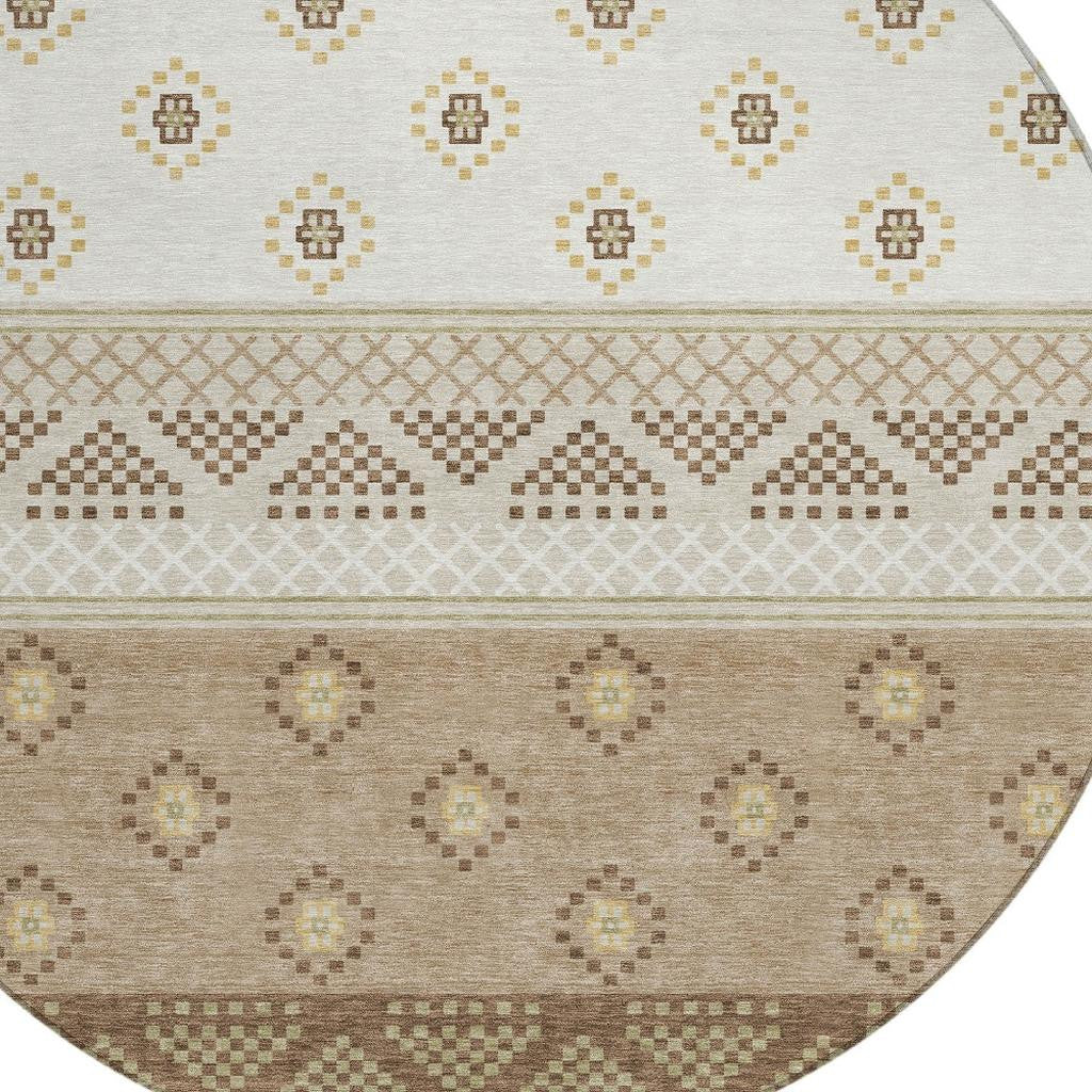 8' Beige And Brown Round Striped Washable Indoor Outdoor Area Rug Homeroots Outdoor