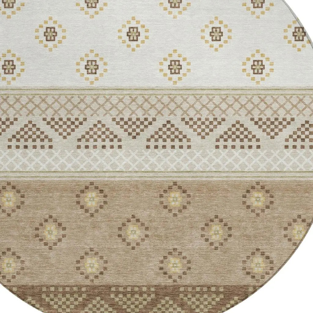 8' Beige And Brown Round Striped Washable Indoor Outdoor Area Rug Homeroots Outdoor