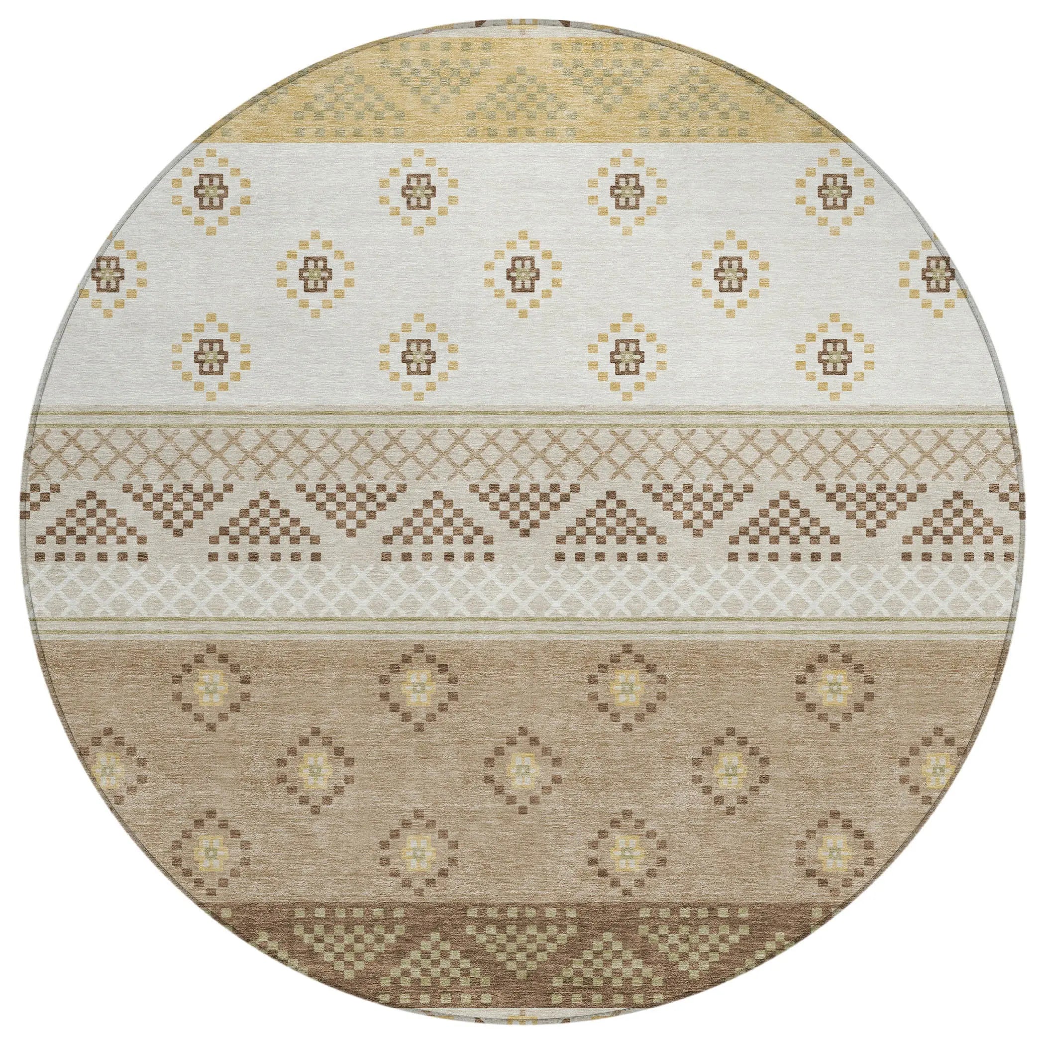 8' Beige And Brown Round Striped Washable Indoor Outdoor Area Rug Homeroots Outdoor