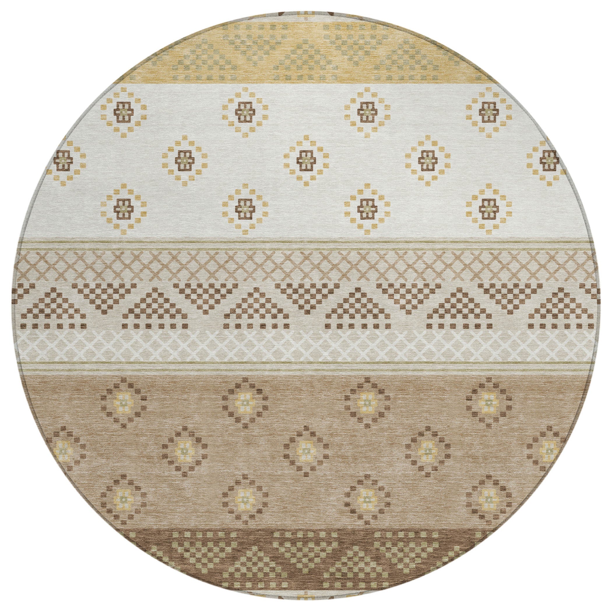 8' Beige And Brown Round Striped Washable Indoor Outdoor Area Rug Homeroots Outdoor