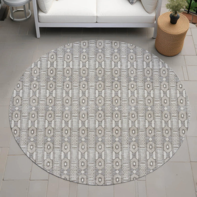 8' Beige And Brown Round Striped Washable Indoor Outdoor Area Rug Homeroots Outdoor