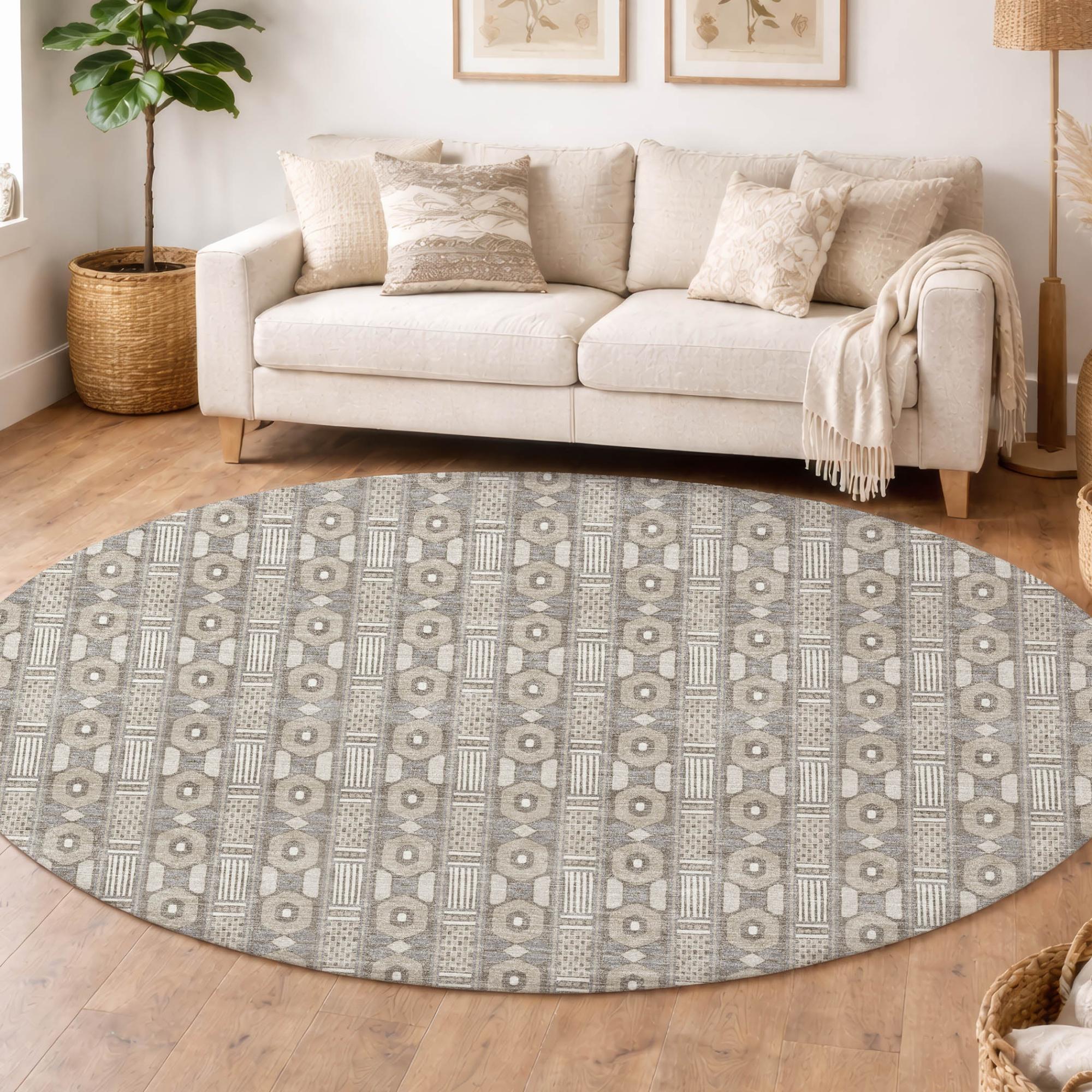 8' Beige And Brown Round Striped Washable Indoor Outdoor Area Rug Homeroots Outdoor