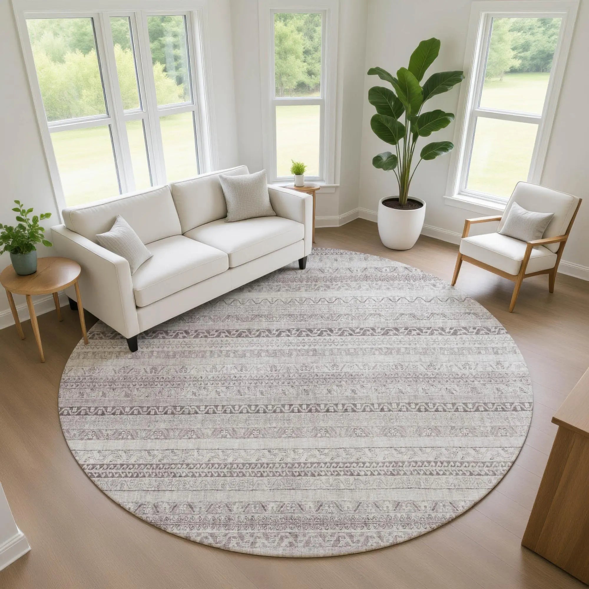 8' Beige And Brown Round Striped Washable Indoor Outdoor Area Rug Homeroots Outdoor