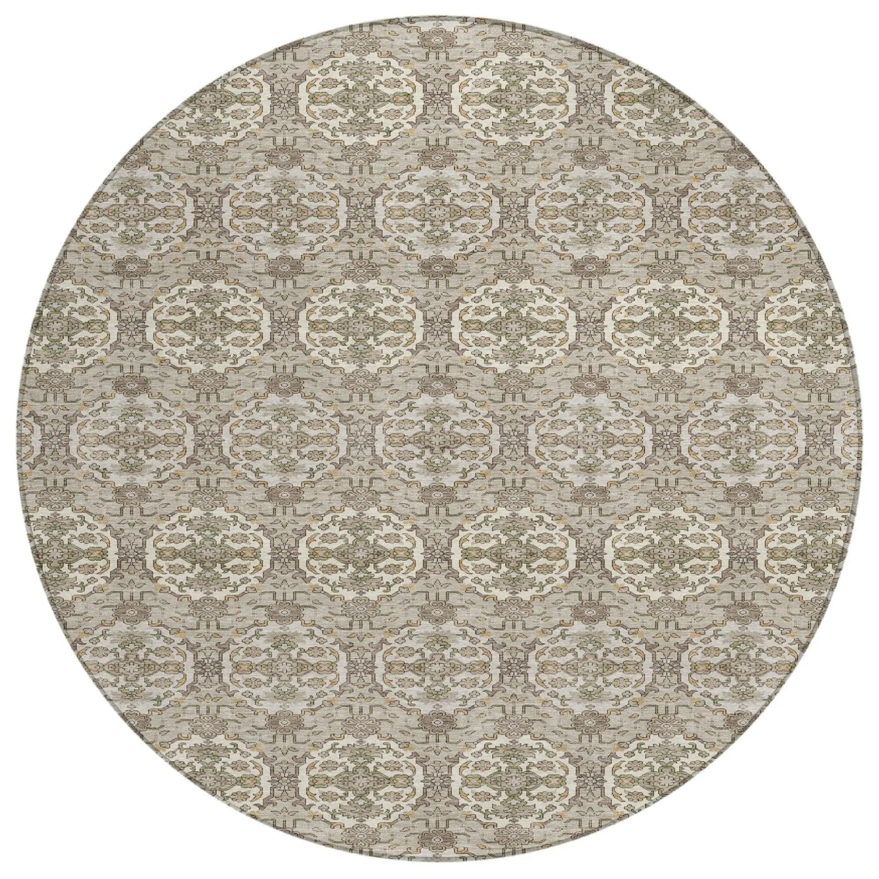 8' Beige And Brown Round Striped Washable Indoor Outdoor Area Rug Homeroots Outdoor