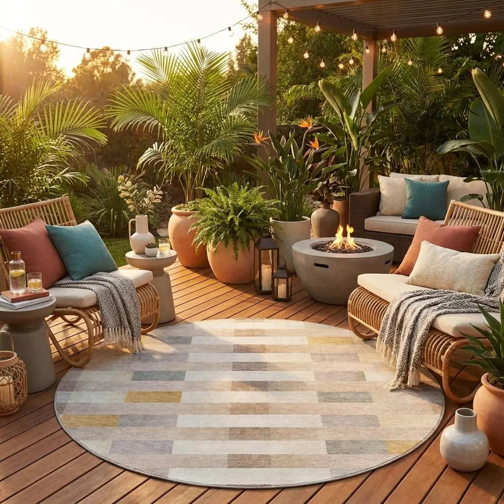 8' Beige And Brown Round Striped Washable Indoor Outdoor Area Rug Homeroots Outdoor