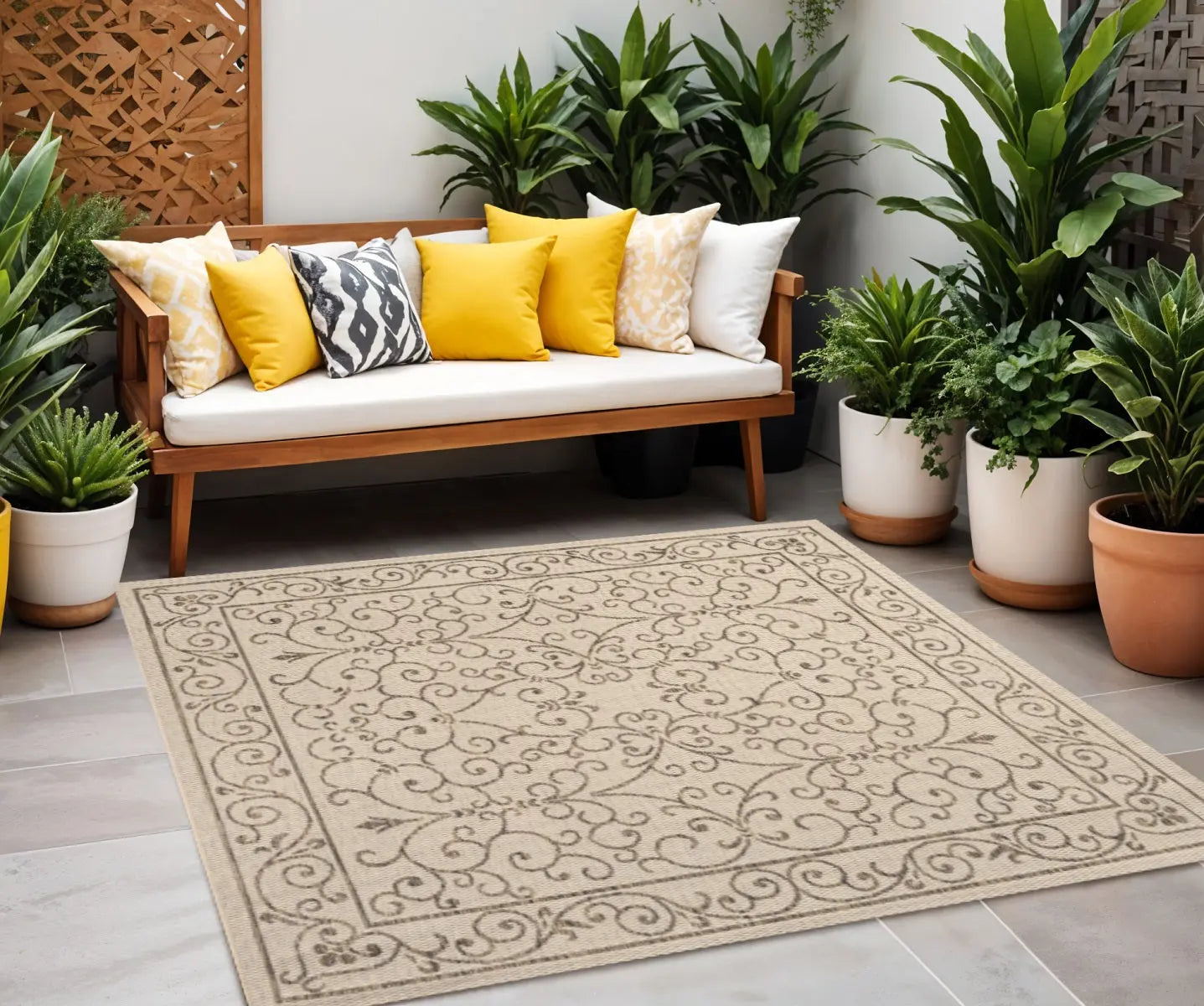 8' Beige And Brown Square Medallion Indoor Outdoor Area Rug Homeroots Outdoor