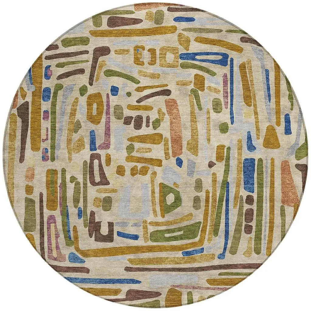 8' Beige And Copper Round Abstract Washable Indoor Outdoor Area Rug Homeroots Outdoor