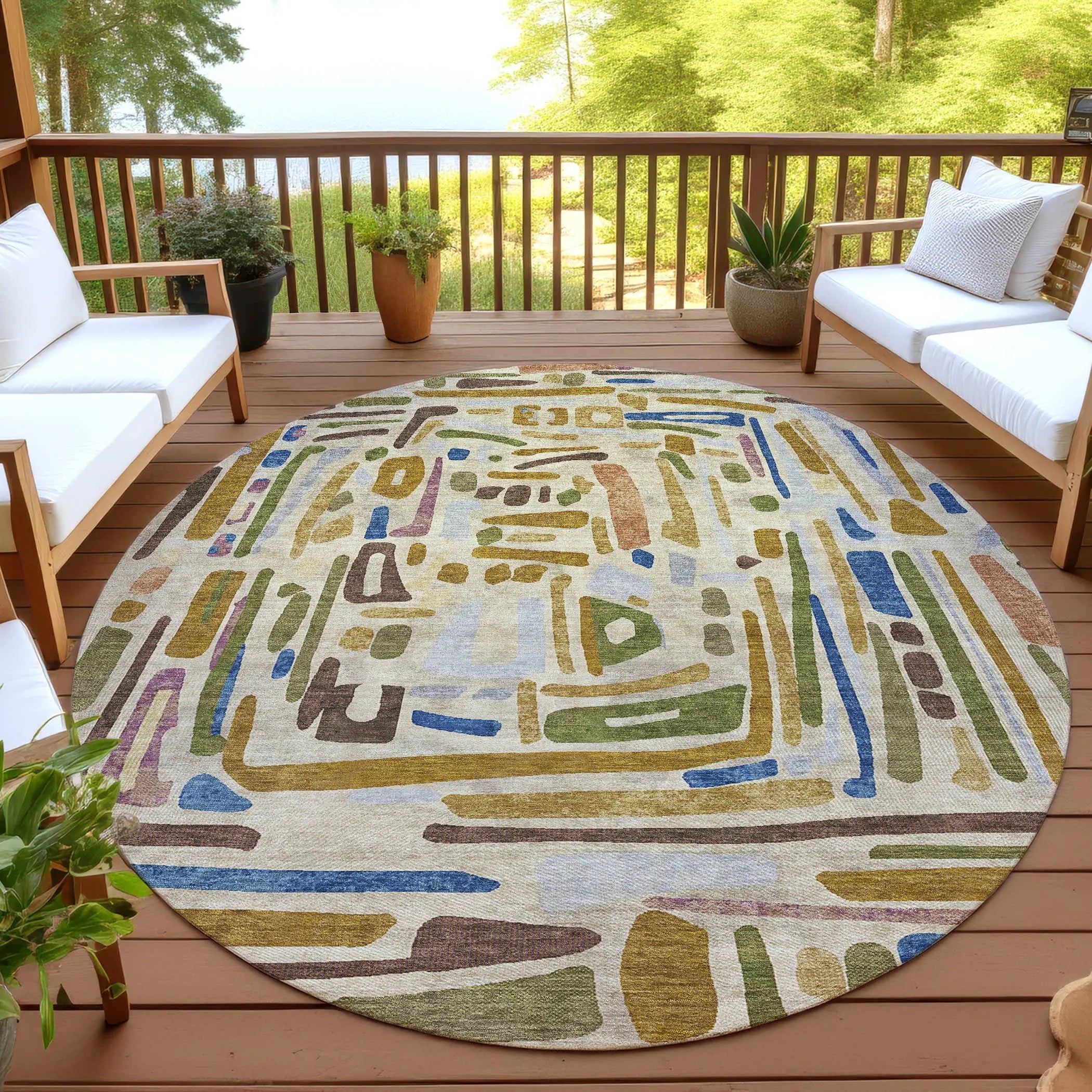 8' Beige And Copper Round Abstract Washable Indoor Outdoor Area Rug Homeroots Outdoor