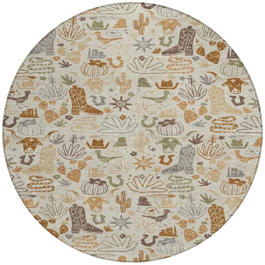 8' Beige And Copper Round Cactus Washable Indoor Outdoor Area Rug Homeroots Outdoor
