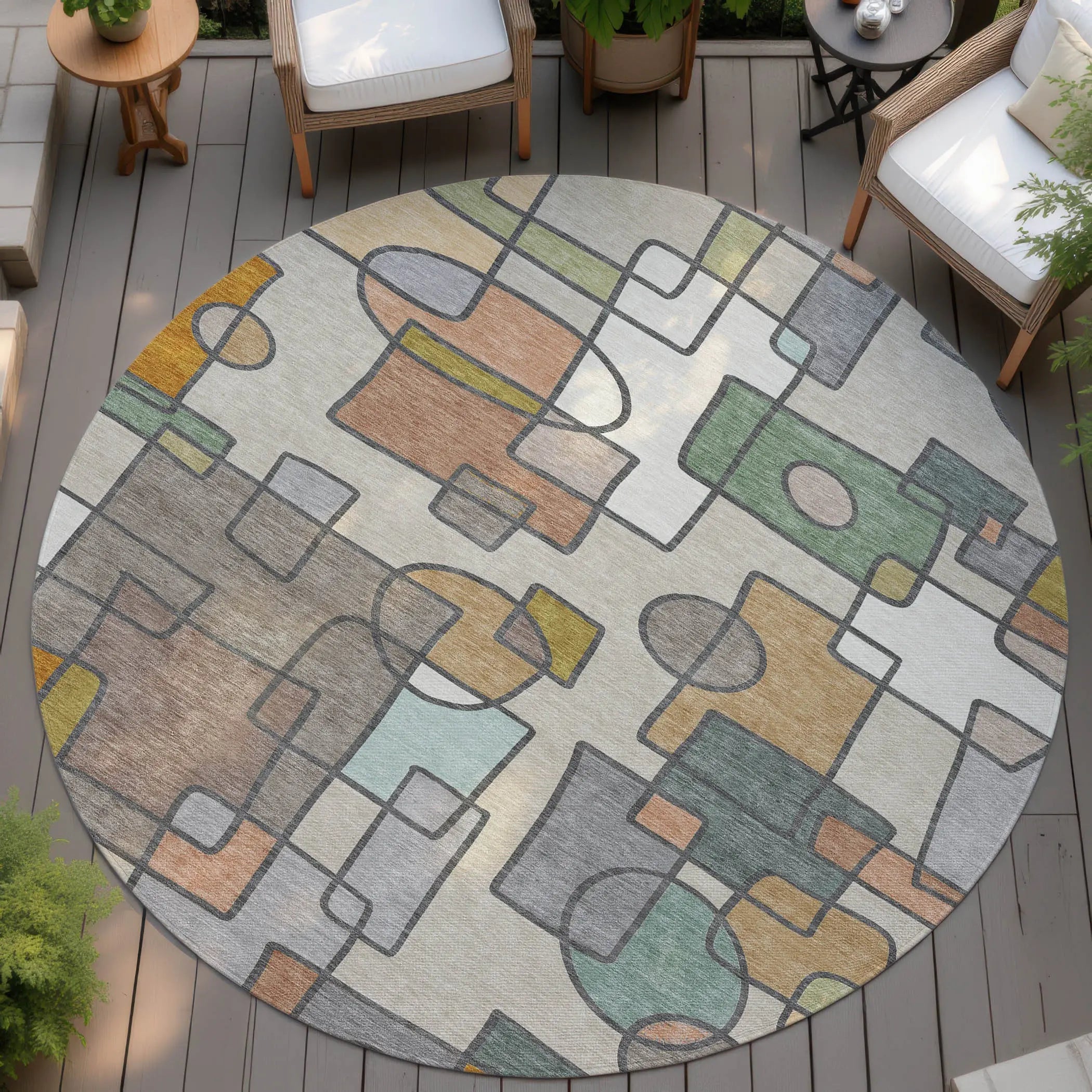 8' Beige And Copper Round Geometric Washable Indoor Outdoor Area Rug Homeroots Outdoor