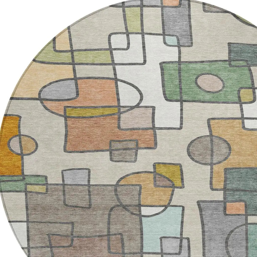 8' Beige And Copper Round Geometric Washable Indoor Outdoor Area Rug Homeroots Outdoor