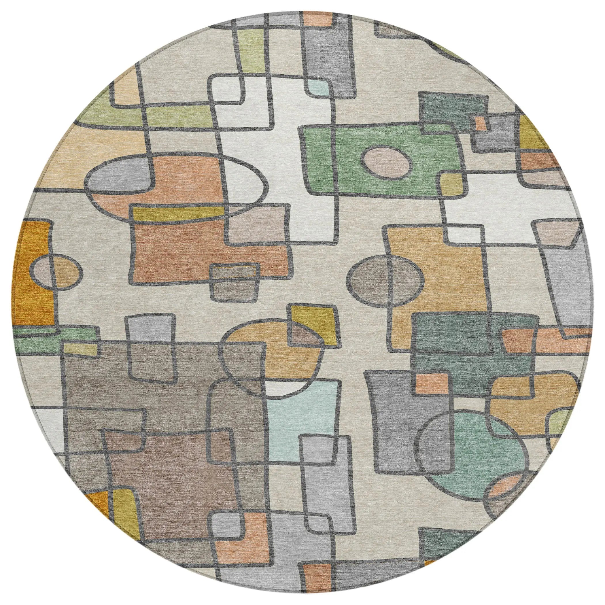 8' Beige And Copper Round Geometric Washable Indoor Outdoor Area Rug Homeroots Outdoor