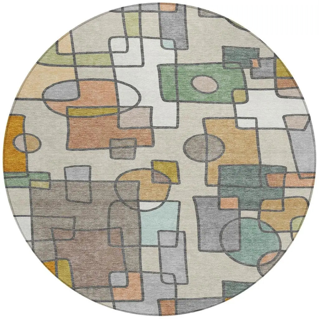 8' Beige And Copper Round Geometric Washable Indoor Outdoor Area Rug Homeroots Outdoor