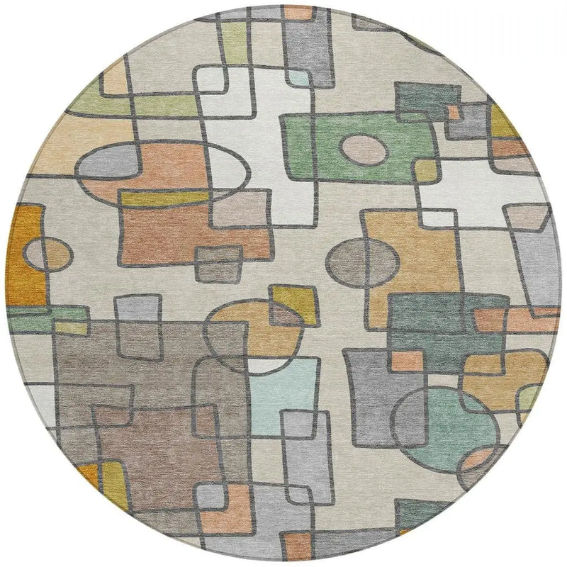 8' Beige And Copper Round Geometric Washable Indoor Outdoor Area Rug Homeroots Outdoor