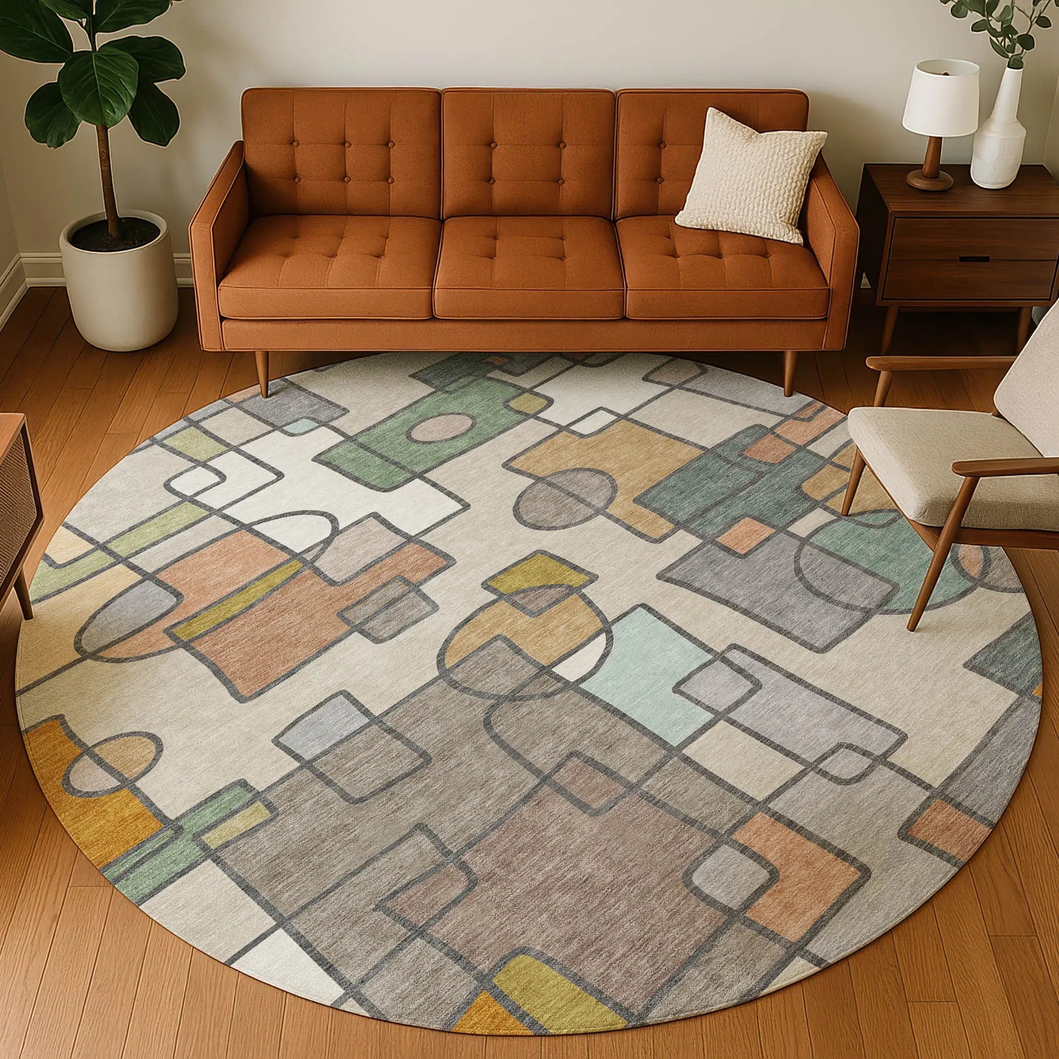 8' Beige And Copper Round Geometric Washable Indoor Outdoor Area Rug Homeroots Outdoor