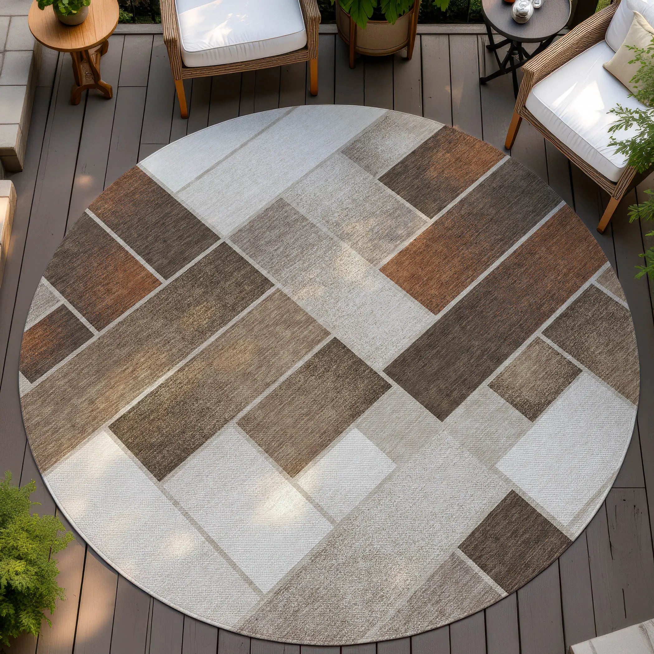 8' Beige And Graphite Round Geometric Washable Indoor Outdoor Area Rug Homeroots Outdoor