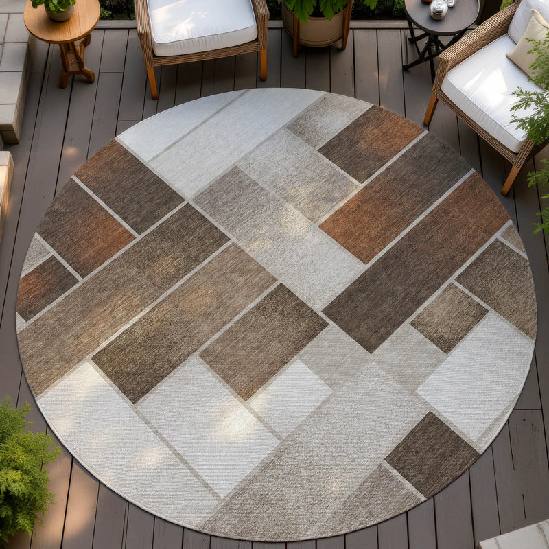 8' Beige And Graphite Round Geometric Washable Indoor Outdoor Area Rug Homeroots Outdoor