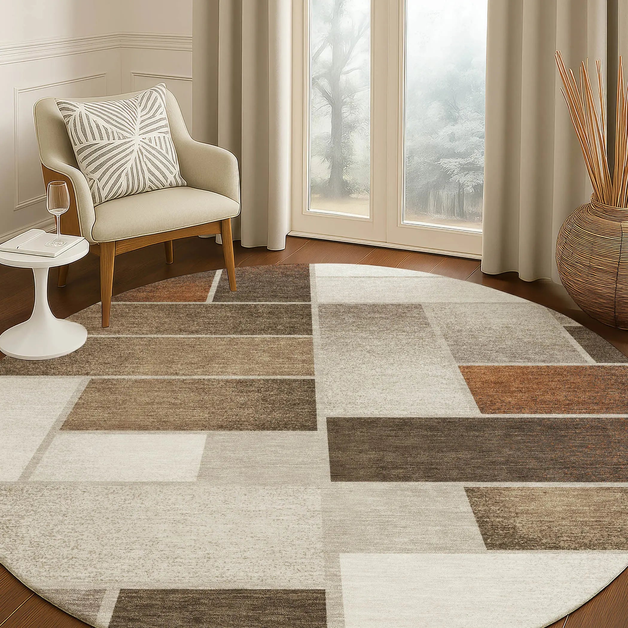 8' Beige And Graphite Round Geometric Washable Indoor Outdoor Area Rug Homeroots Outdoor
