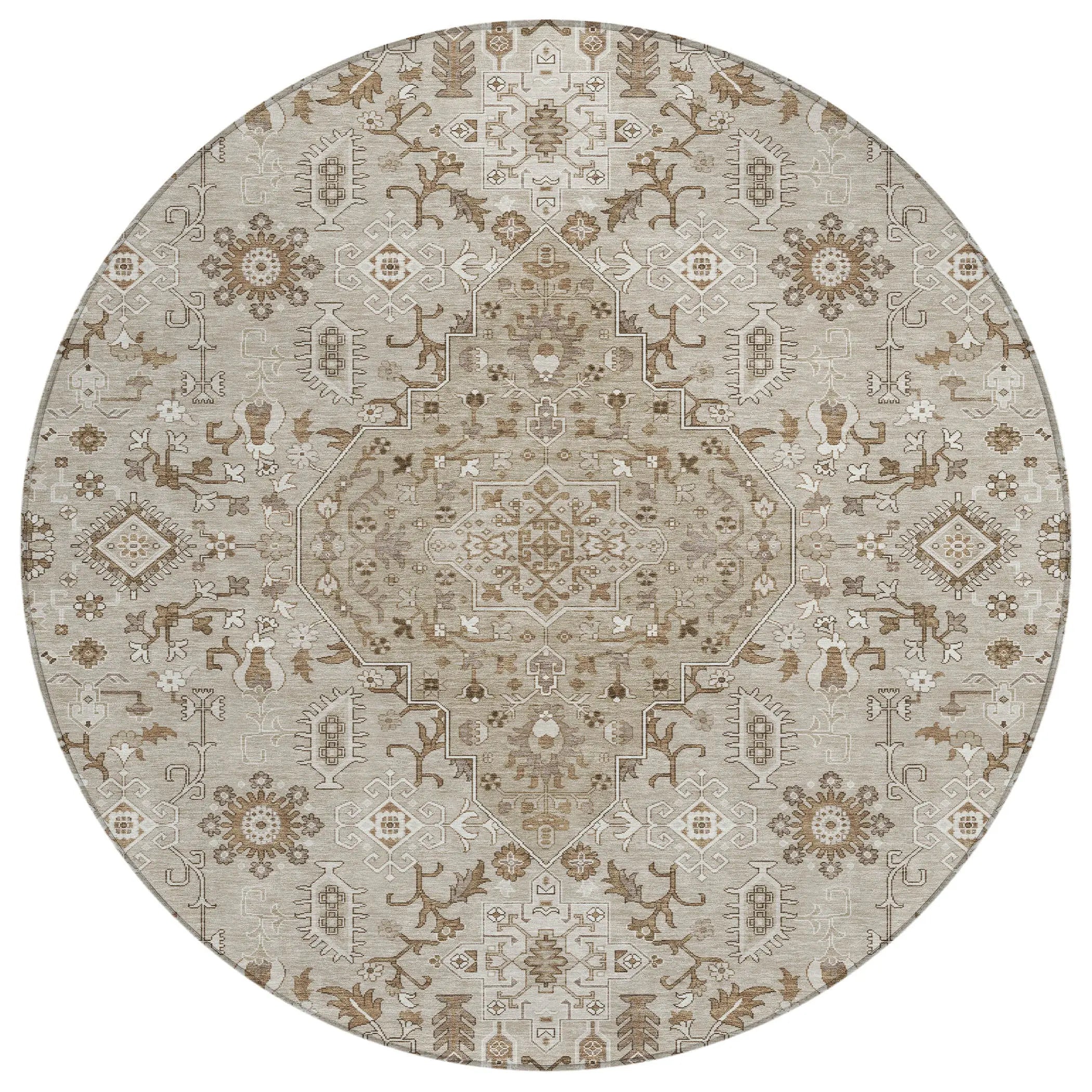 8' Beige And Graphite Round Medallion Washable Indoor Outdoor Area Rug Homeroots Outdoor
