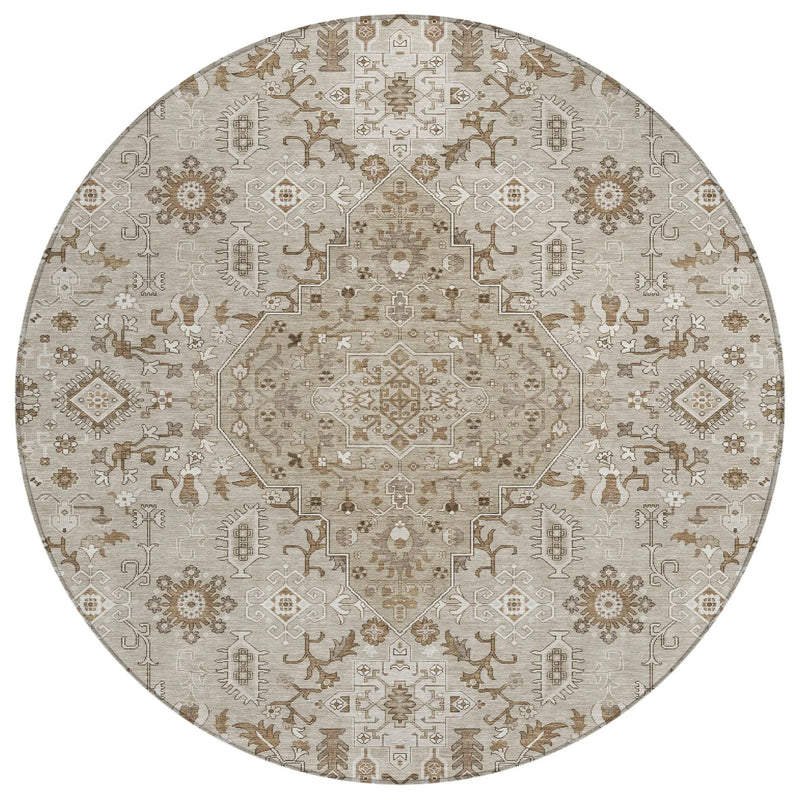 8' Beige And Graphite Round Medallion Washable Indoor Outdoor Area Rug Homeroots Outdoor