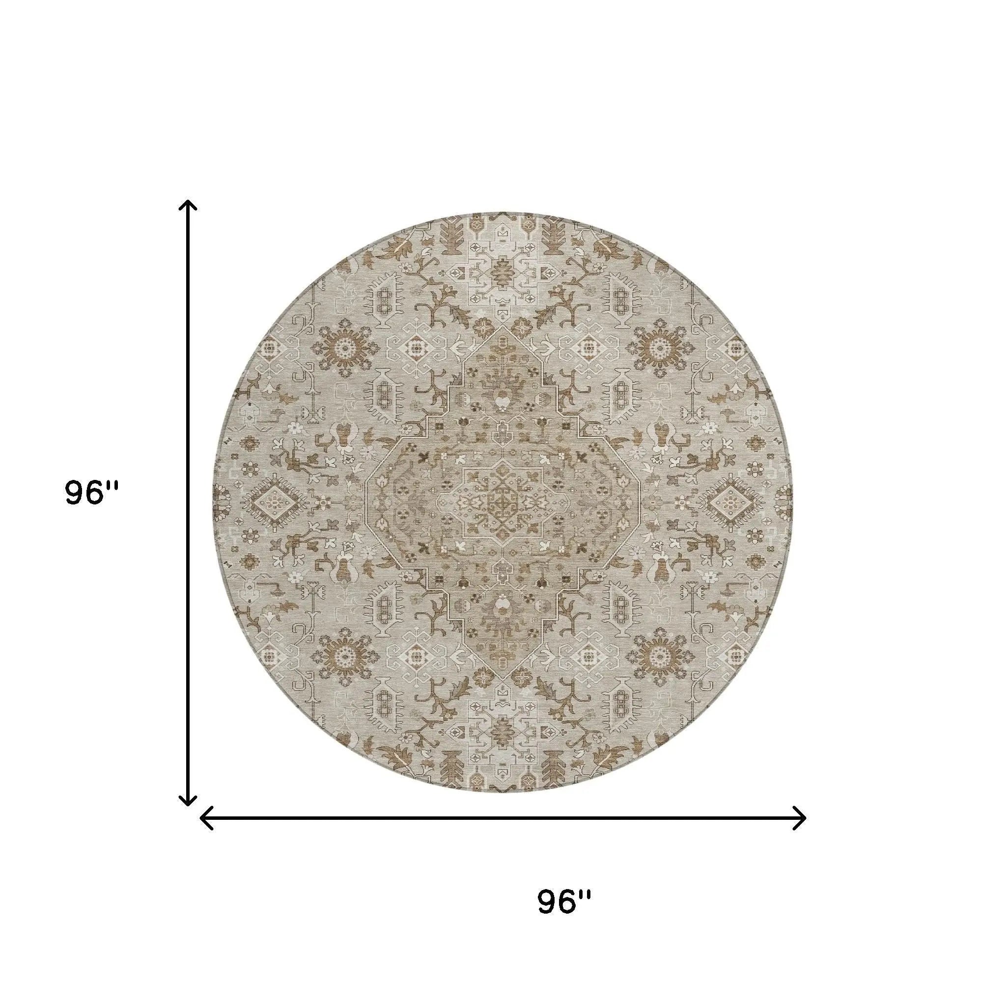 8' Beige And Graphite Round Medallion Washable Indoor Outdoor Area Rug Homeroots Outdoor