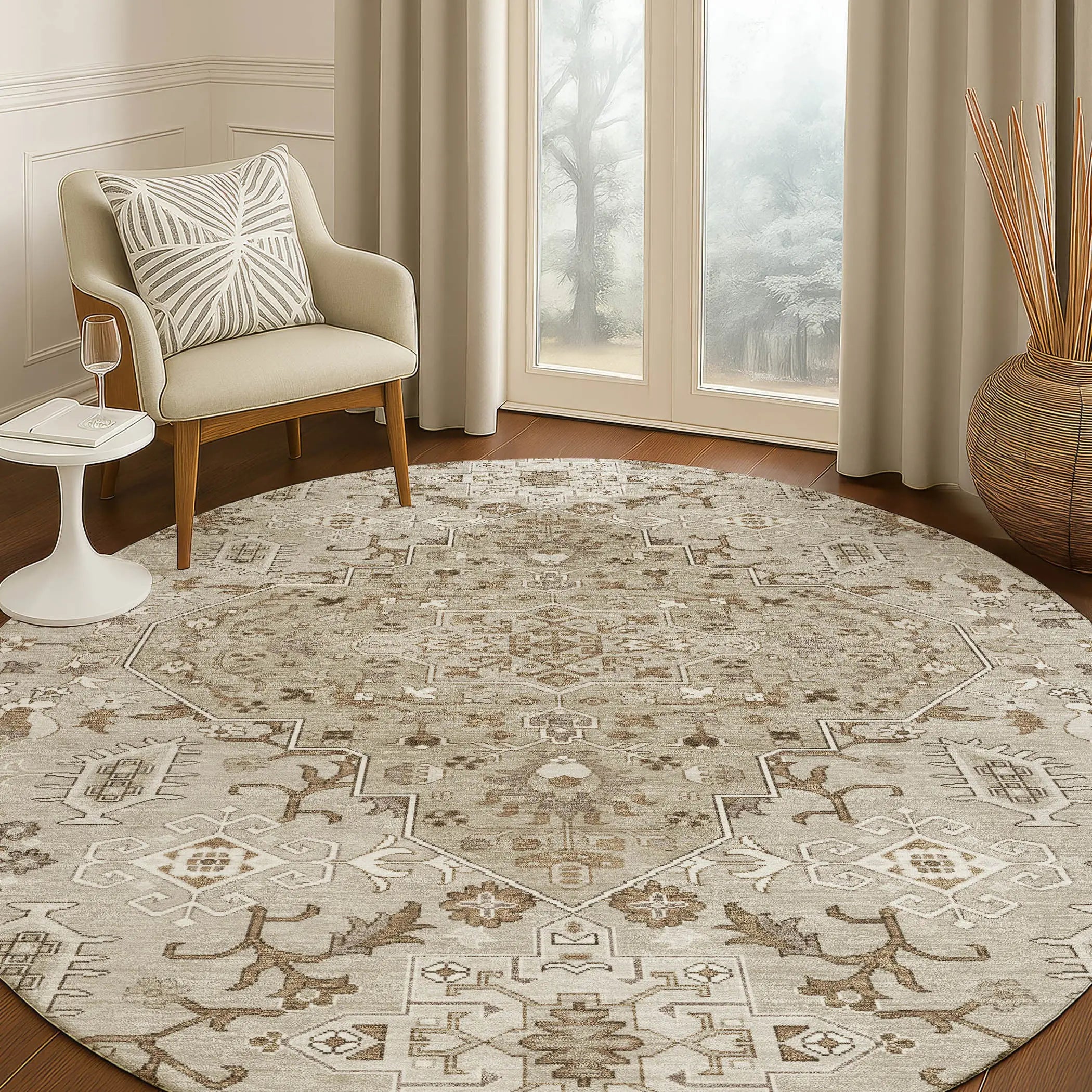 8' Beige And Graphite Round Medallion Washable Indoor Outdoor Area Rug Homeroots Outdoor