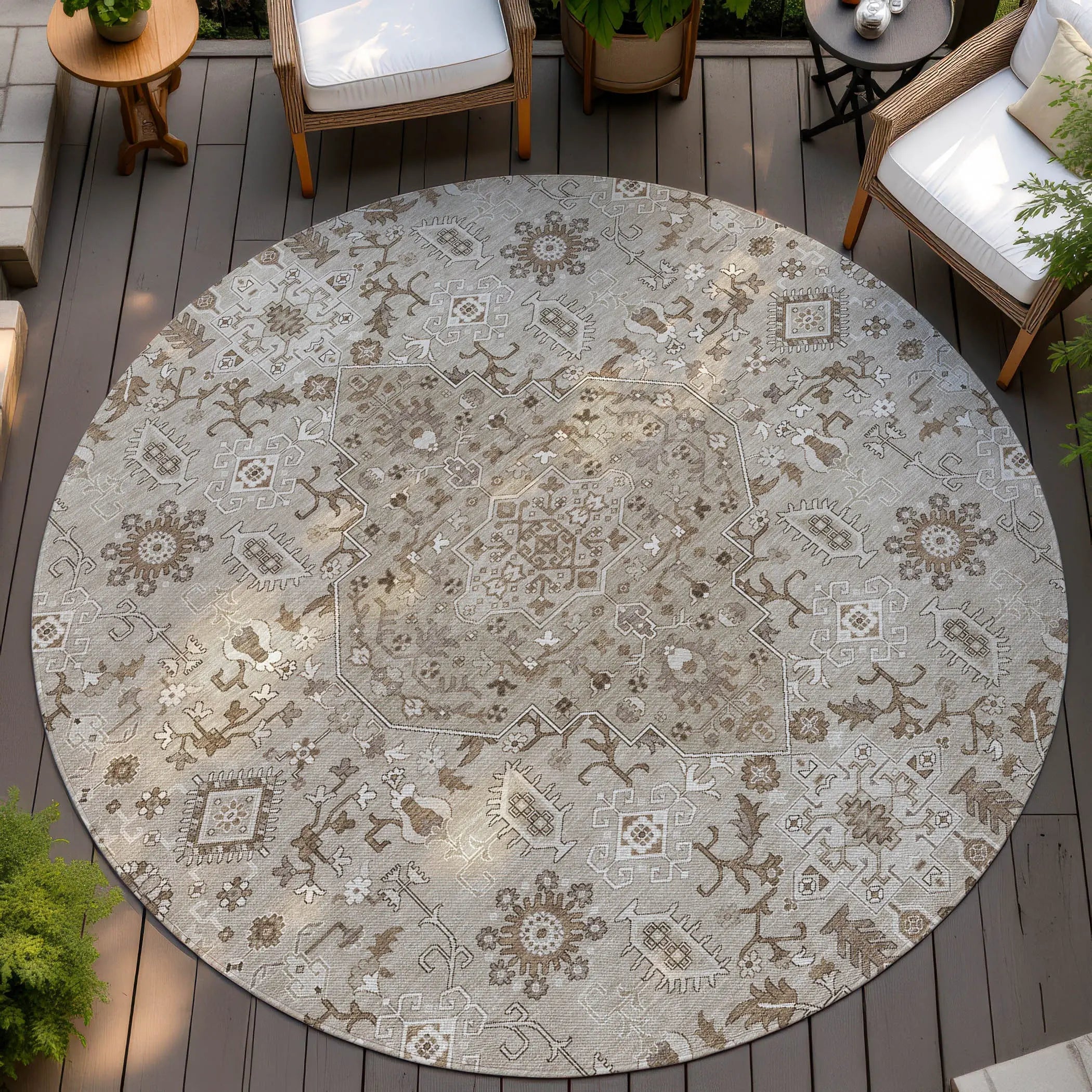 8' Beige And Graphite Round Medallion Washable Indoor Outdoor Area Rug Homeroots Outdoor
