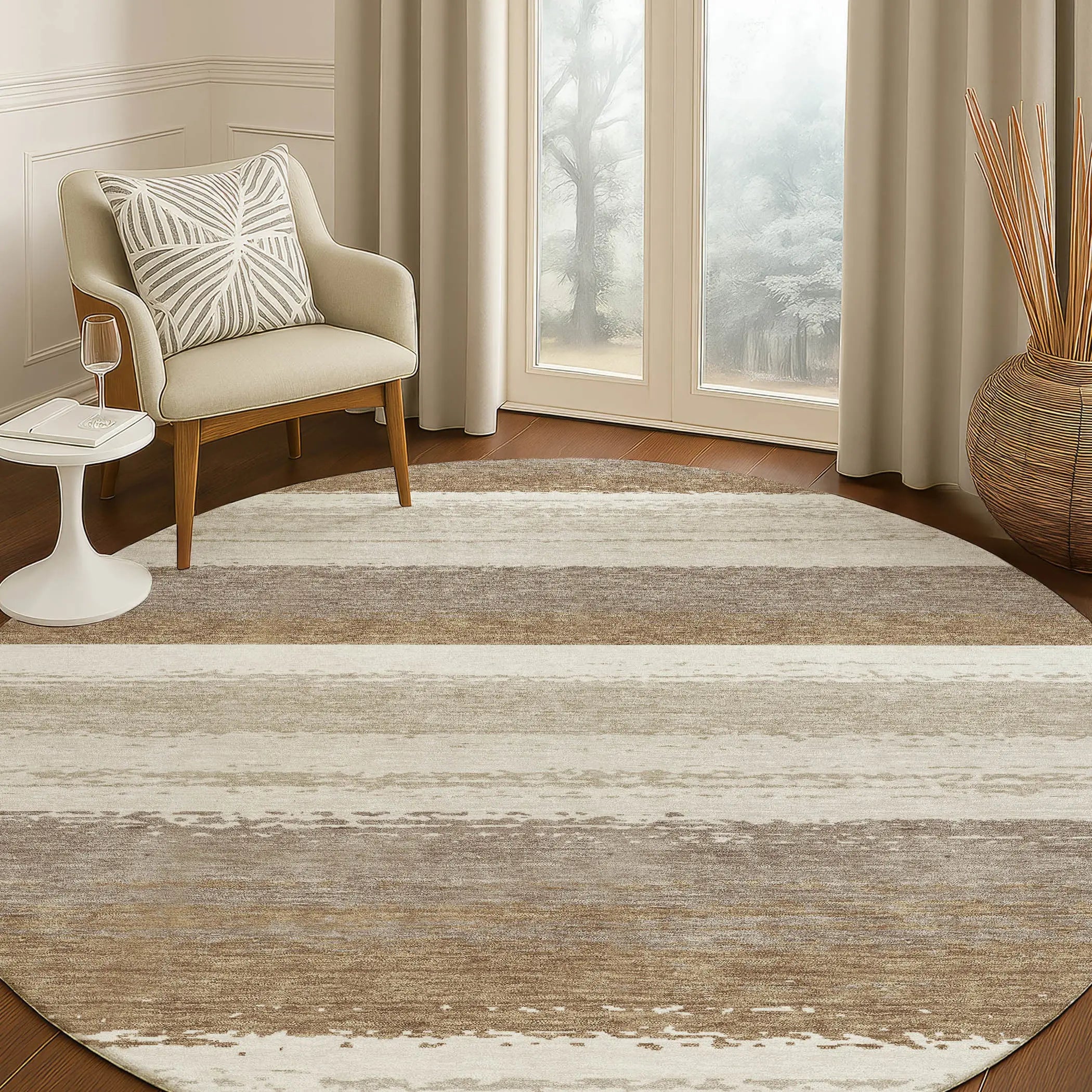8' Beige And Graphite Round Striped Washable Indoor Outdoor Area Rug Homeroots Outdoor