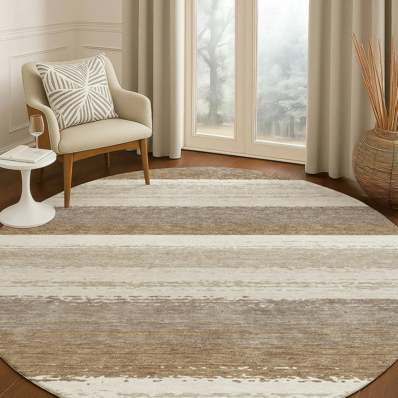 8' Beige And Graphite Round Striped Washable Indoor Outdoor Area Rug Homeroots Outdoor