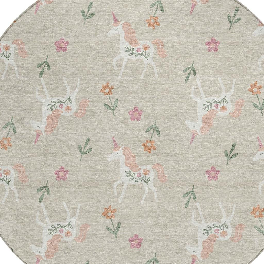 8' Beige And Gray Round Floral Washable Indoor Outdoor Area Rug Homeroots Outdoor