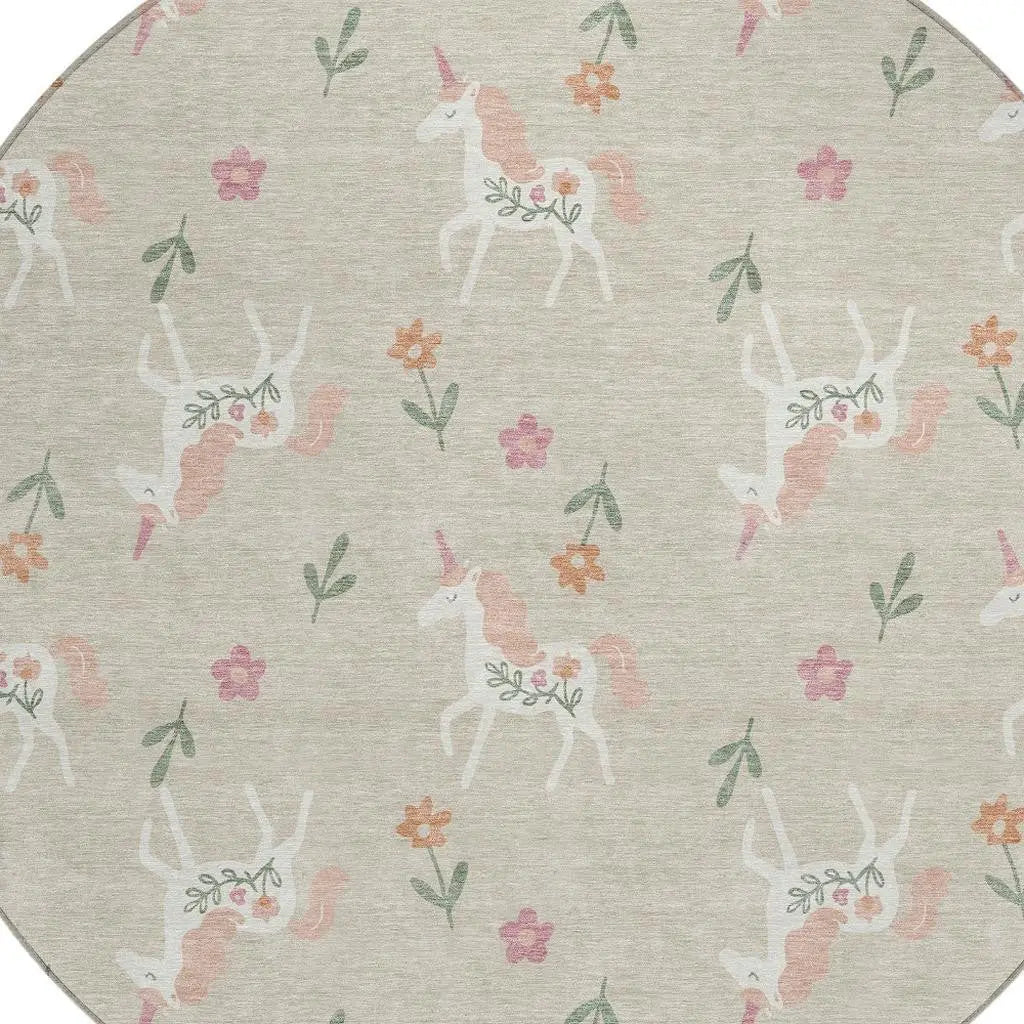 8' Beige And Gray Round Floral Washable Indoor Outdoor Area Rug Homeroots Outdoor