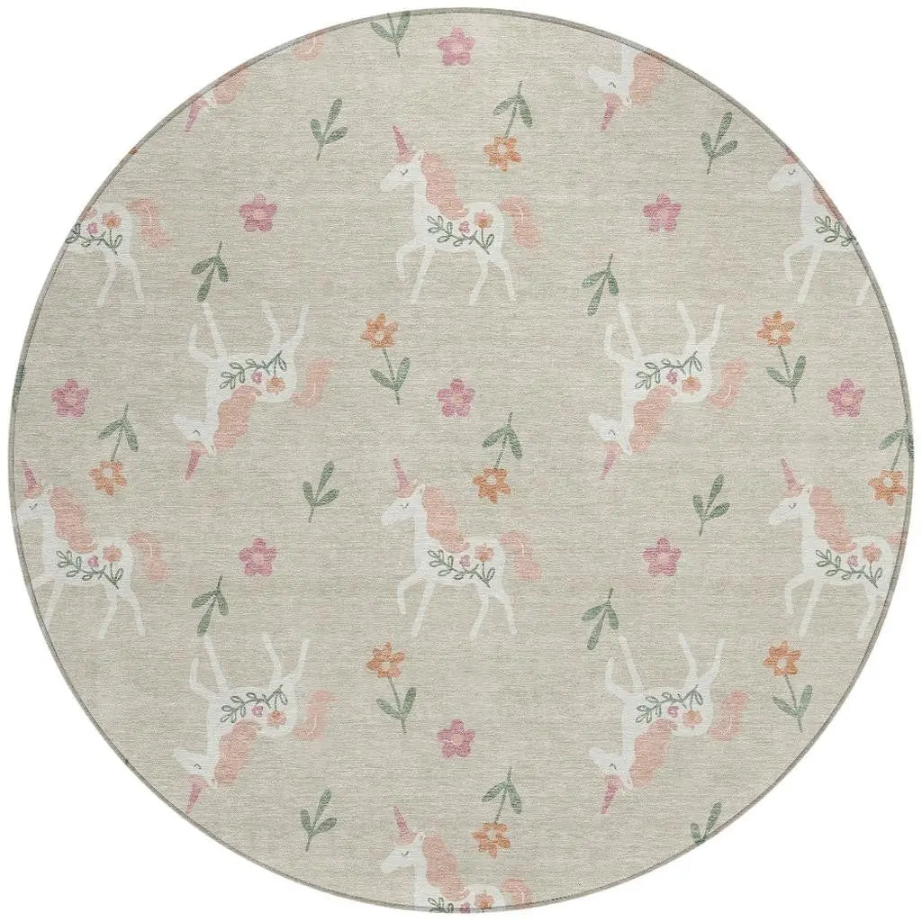8' Beige And Gray Round Floral Washable Indoor Outdoor Area Rug Homeroots Outdoor