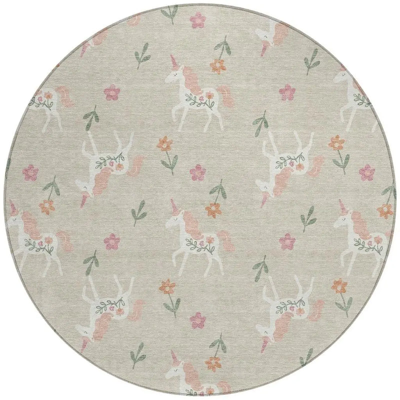 8' Beige And Gray Round Floral Washable Indoor Outdoor Area Rug Homeroots Outdoor