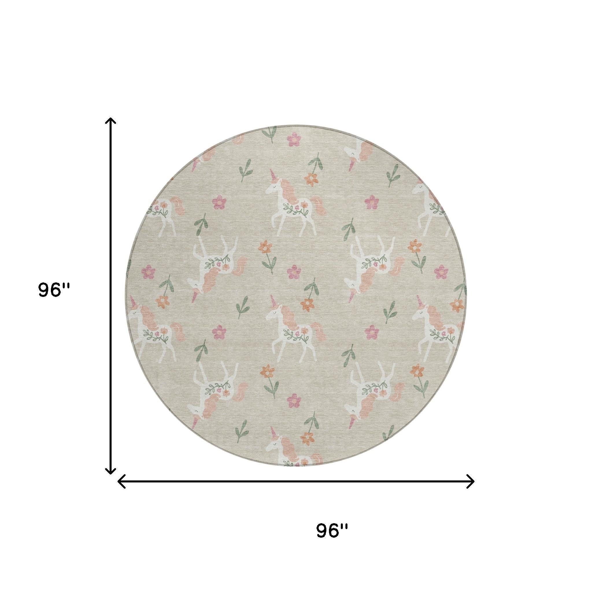 8' Beige And Gray Round Floral Washable Indoor Outdoor Area Rug Homeroots Outdoor
