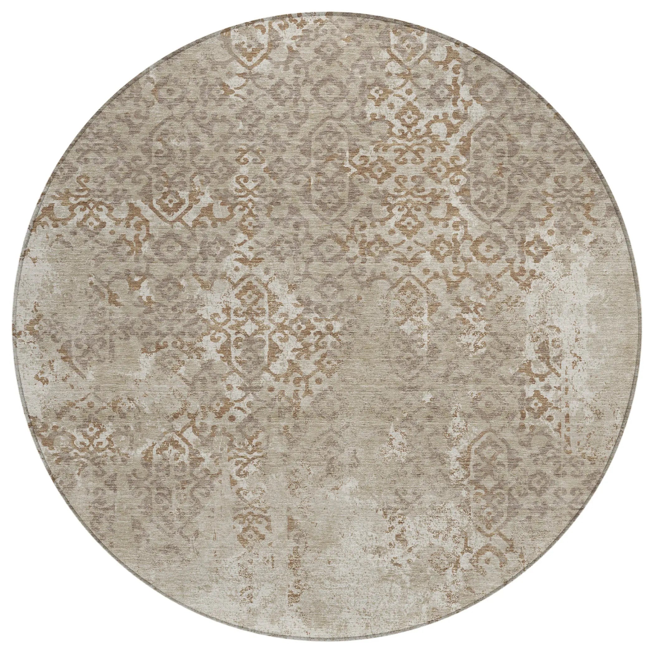8' Beige And Gray Round Oriental Washable Indoor Outdoor Area Rug Homeroots Outdoor